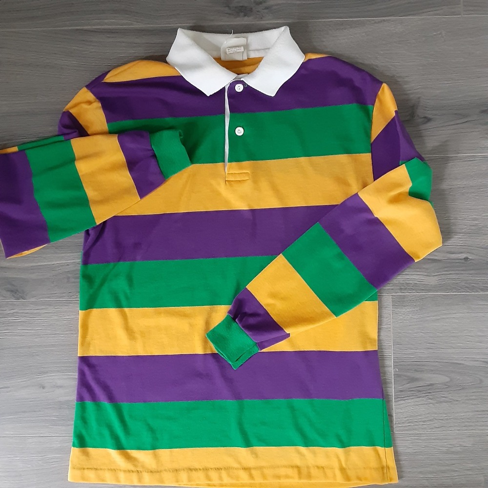 Vintage Mardi Gras Headquarters Rugby Shirt Mens M Striped Purple Grn Gold-USA